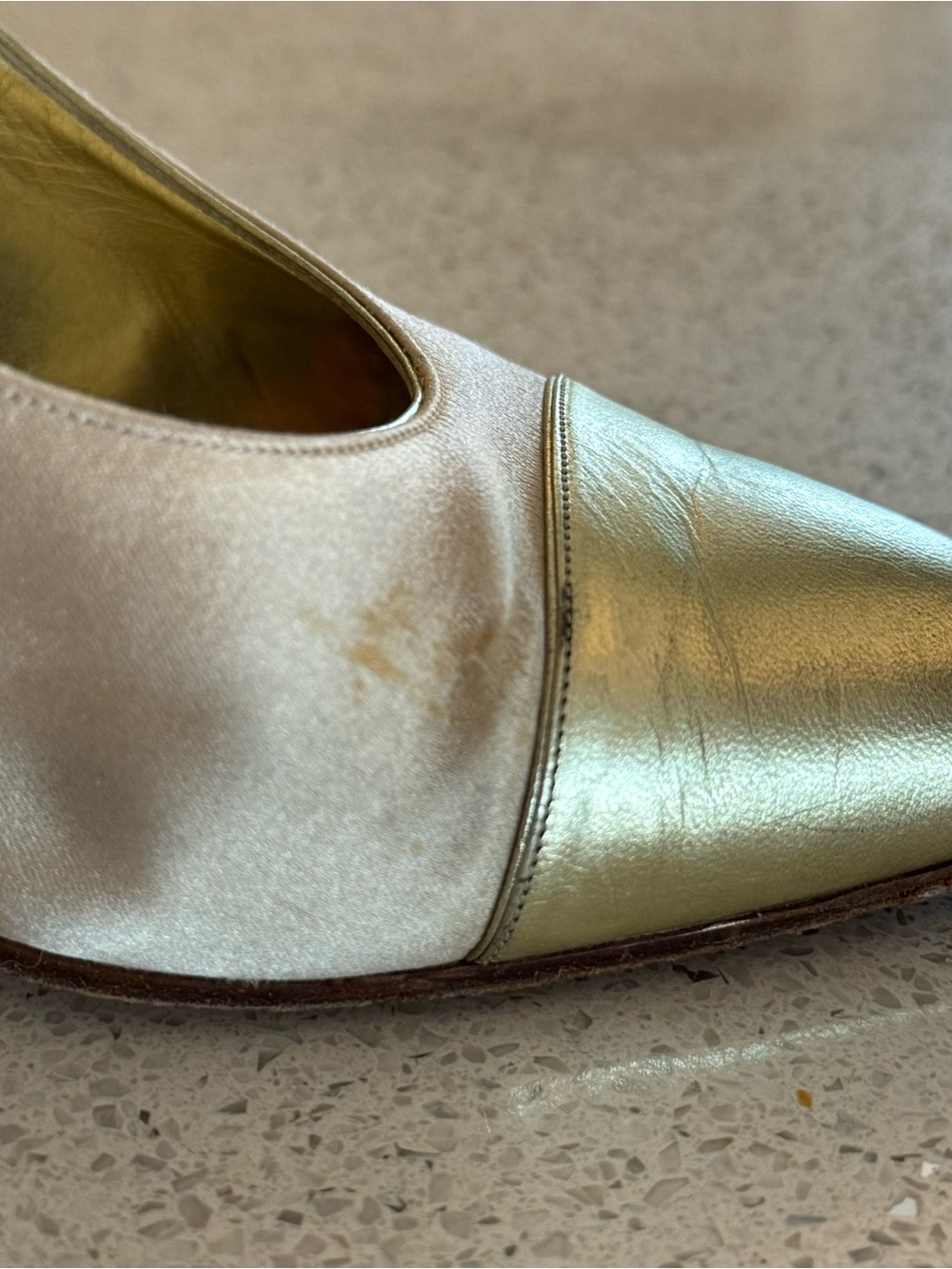 VINTAGE Chanel Champagne Satin and Gold Leather Slingback Pumps - Picture 8 of 8